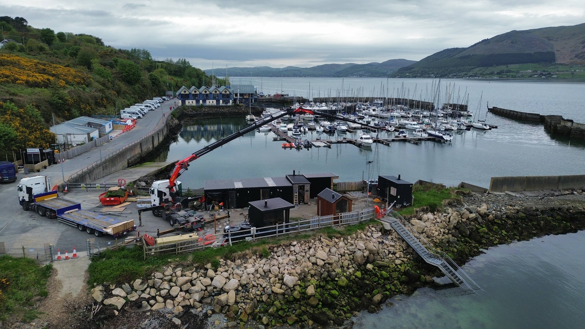 Carlingford Marina before: the bare site and shoreline during construction